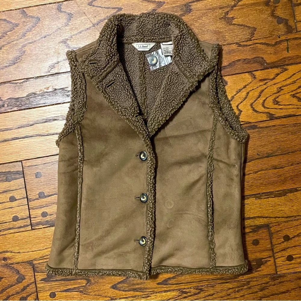 New LL Bean Sherpa Vest Faux Suede Womens Small